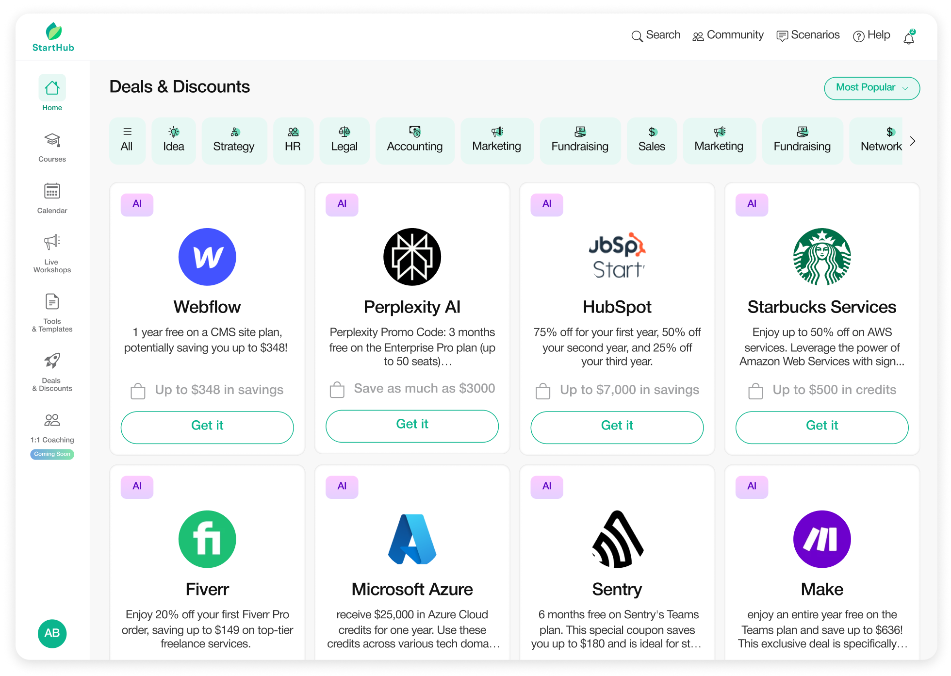 Student-facing side of the singular StartHub Scenarios page