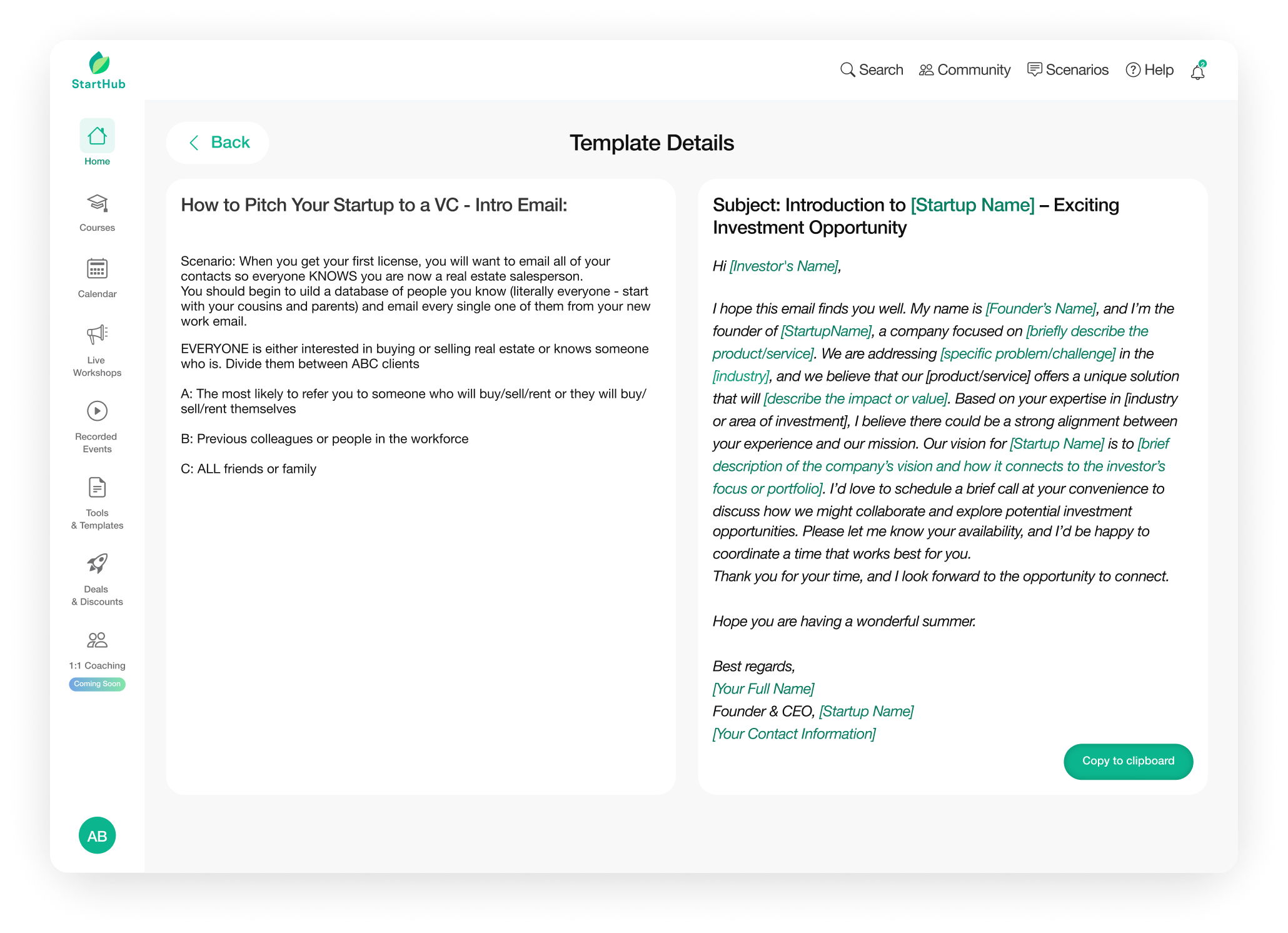 Student-facing side of the singular Email Template page