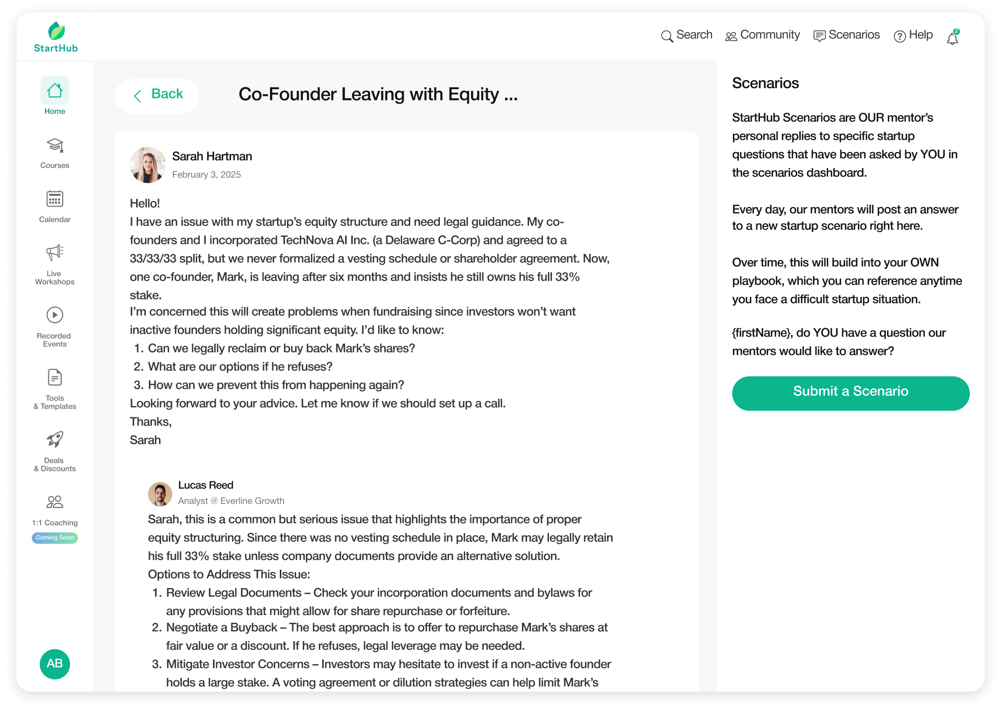 Student-facing side of the StartHub Scenarios.
